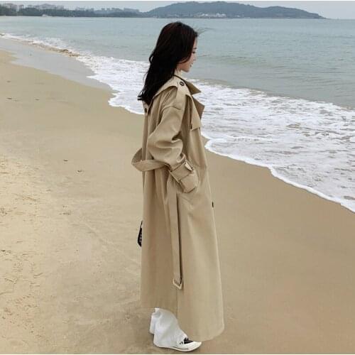 Vogue New Loose Oversize Long Trench Coat Women Double-Breasted with Belt Khaki Duster Coat for Lady Spring Autumn Outerwear