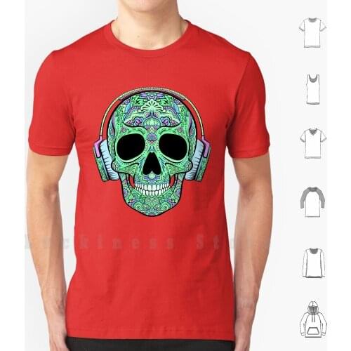 Ornated Graphic Skull With Headphones T Shirt DIY Cotton Big Size 6xl Skull Dead Vector Day Tattoo Background White Mexican
