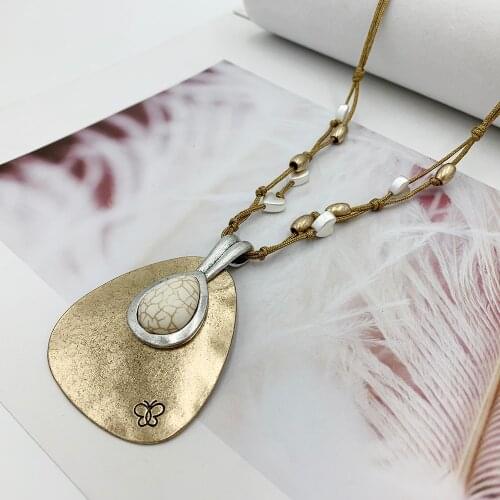 Vintage Jewelry Natural Stone Pendant Necklace Hand Made Rope Chain Long Necklace for Women Antique Metal High Quality Jewelry