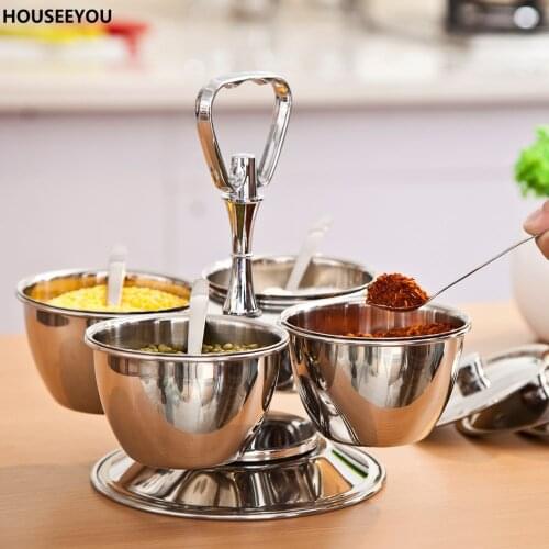 Revolving 4-Bowl Condiment Set Stainless Steel Gravy Boats Seasoning Spice Salt Pepper Canister with Lids and Holde Kitchen Tool