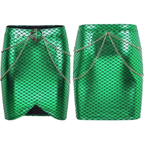 Womens Shiny Fashion Clubwear Mini Skirts Fish Scale Bodycon Mermaid Skirt Adult Metallic Waist Chain Cocktail Parties Skirts