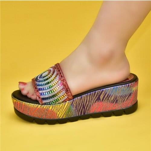 2021 Women Crystal Sequins Platform Wedge Thick Sole Sandals High Heels Mules Slides African Women Party Shoes with Rhinestone