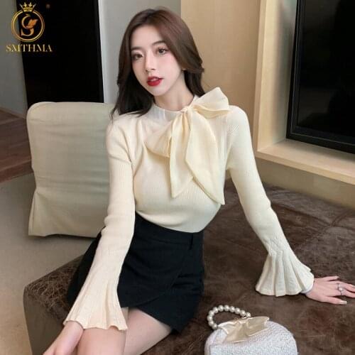 SMTHMA 2021 New Autumn Winter Bowknot Design Temperament Slim Knitted Pullovers Sweater Women Flare Long Sleeve Top