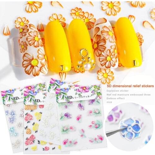 1pc 5D Acrylic Engraved Natural Butterfly/Flower/Leaves/Rose Flower Nail Sticker Nail Water Decals Fashion Empaistic Nail Slider
