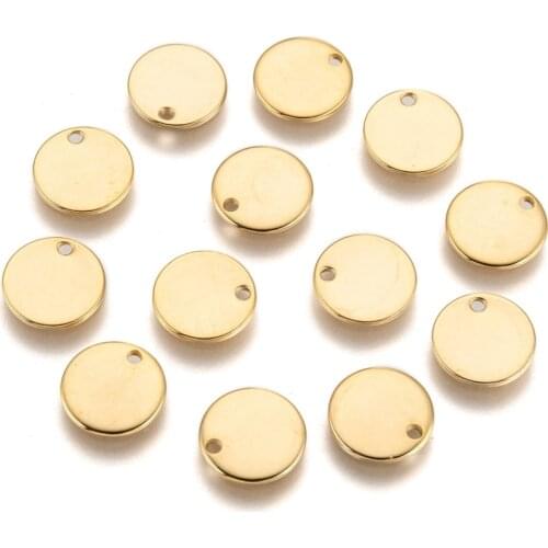 10mm Flat Round 304 Stainless Steel Stamping Blank Tag Charms Pendant Golden Color 10x1mm, Hole: 1mm