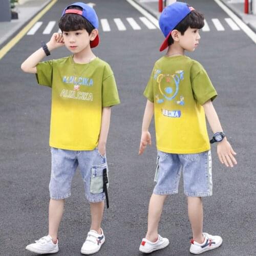 2021 Summer Children Clothing Boys Set 4 6 8 9 10 14 Years Short Sleeve Letter Shirt Jeans Shorts Teenage Kids Boy Set 3 Colors