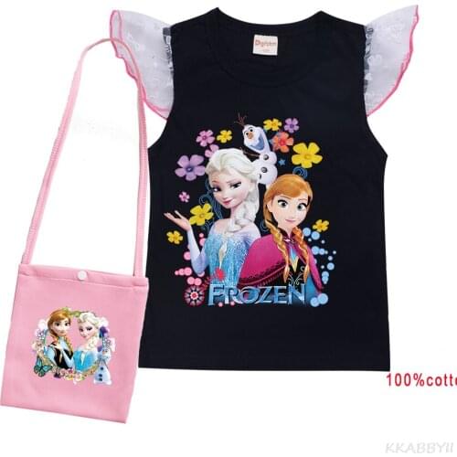 Disney Childrens T-shirt + messengerBag Set Frozen Elsa Girls Cotton Short Sleeve Clothes
