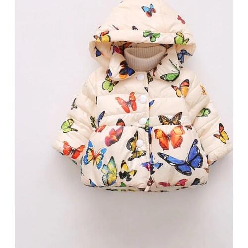 Baby Winter Coats Hooded Butterfly Print Plus Velvet Infant Girls Jackets Fashion Kids Clothing Baby Girl Outerwear Parkas