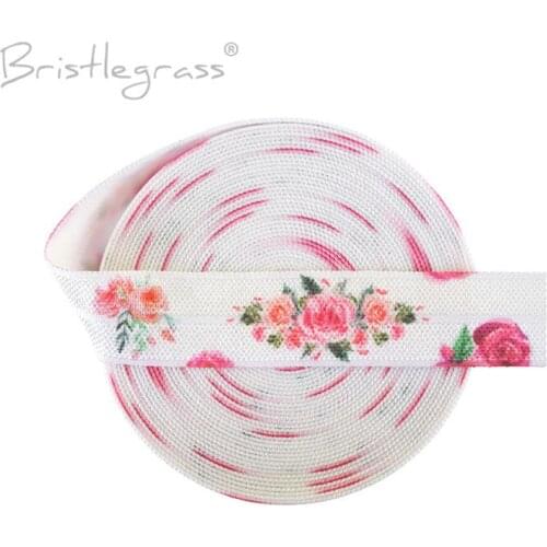 BRISTLEGRASS Wholesale 50 Yard 5/8" Rose Flower Print FOE Fold Over Elastics Spandex Satin Bands Hair Tie Tutu Dress Sewing Trim