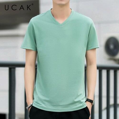 UCAK Brand Classic V-Neck Solid Color Short Sleeve T-Shirts Summer Fashion Style Streetwear Tops Casual Silk T Shirt Homme U5488