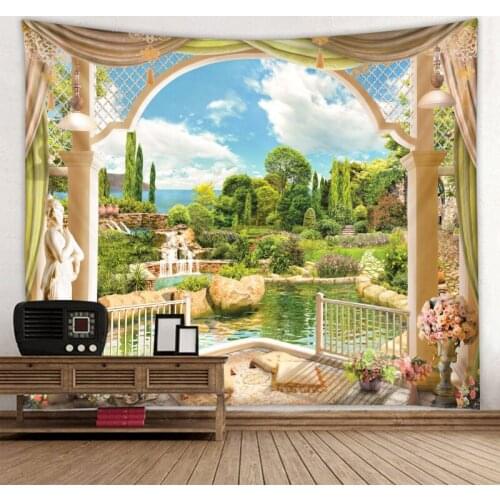 The beautiful scenery outside the balcony window background decoration cloth digital printing tapestry factory direct sales can