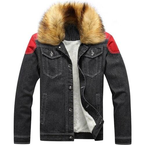 MORUANCLE Men Fleece Lined Warm Jean Jackets And Coats With Fur Collar Thicken Thermal Denim Outerwear Overcoat Plus Size S-6XL