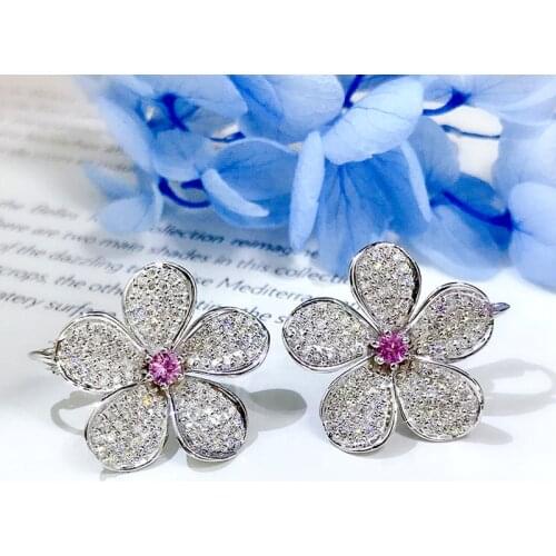 Huitan Pink Color Girls Lovely Stud Earrings Fashionable Versatile Jewelry High Quality Silver Color Flower Earrings for Women