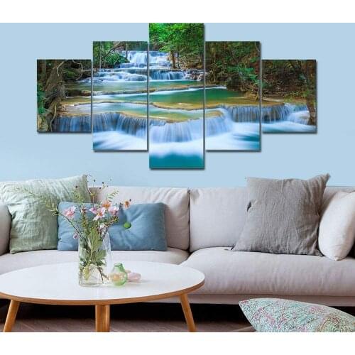 Modular Canvas Wall Art HD Prints Pictures Home Decor 5 Pieces Landscape Waterfall Posters Forest Trees Lake Paintings Framework