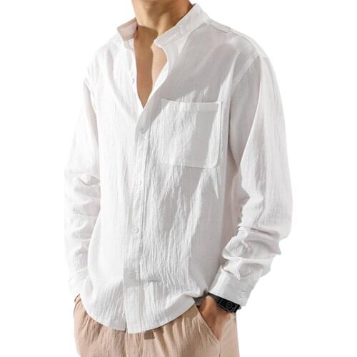 2021 Summer Soild Colors Men Long-sleeved Shirt Thin Loose Fit with Pocket Decoration Spring and Summer Clothing Three Colors