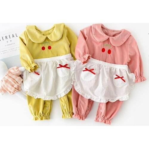 Newborn Baby Girl Outfit Cute Fruit Cherry Print Apron Ruffles Long Sleeve Peter Pan Collar Baby Romper Baby Girl Clothes 0-18M