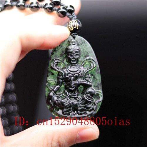 Natural Black Green Chinese Jade Guanyin Pendant Obsidian Necklace Charm Jewelry Accessories Carved Amulet Gifts for Men