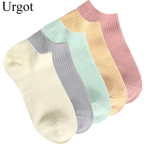 Urgot 5 Pairs Womens Socks Pure Cotton Double Needle Spring Summer Socks Cotton Candy Color Female Boat Socks Calcetines Mujer