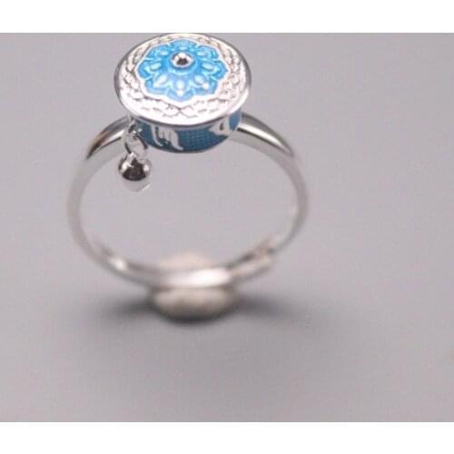New Pure Solid 925 Sterling Silver Ring The Widest 10mm Stoving Varnish Six-word Mantra Blue Prayer Wheel Ring US Size 5-10