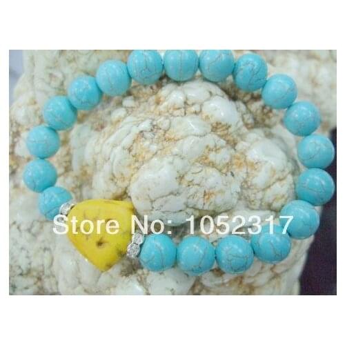 New Wholesale 10mm Stone howlite Bead inlay Yellow Buddha Head Shining Rhinestone Bracelet Elasticity Adjustable Style
