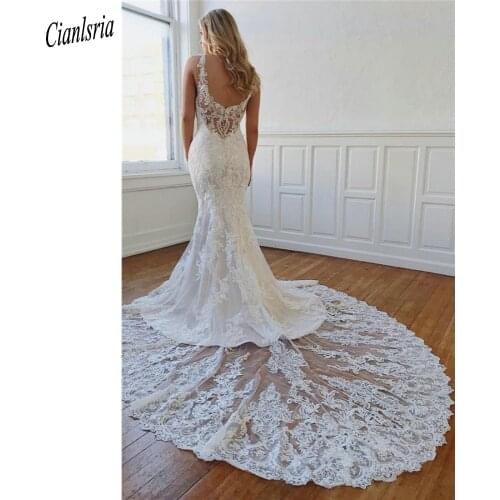 Charming V-Neck Spaghetti Strap Illusion Beading Mermaid Wedding Dress Backless Appliques Lace Bridal Gown Vestido de Noiva