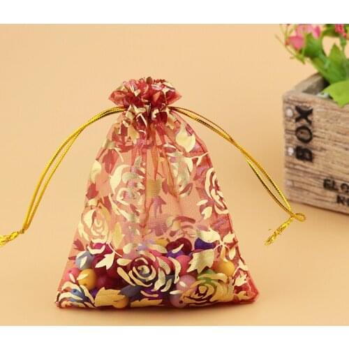 Wholesale Rose Print Organza Bag 13x18cm,Wedding Jewelry Packaging Pouches,Nice Gift Bags,Red,500pcs/lot