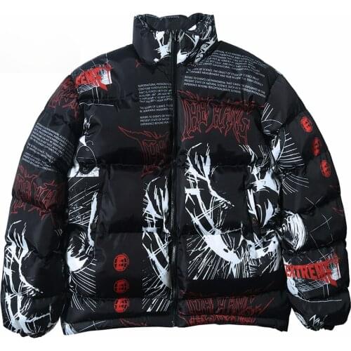 LACIBLE Japanese Style Cartoon Printed Men Thick Parka Casual Warm Padded Jacket Coats Winter Harajuku Windbreaker Streetwear