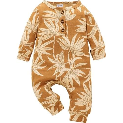 Infant Baby Girls Boys Casual Long Sleeve Jumpsuit Fashion Flower Leaves Print Button Round Neck Long Romper