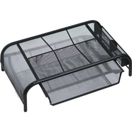 Mesh Monitor Stand, Computer Desk Mat, with Pull-Out Drawer and Side Compartments, Desktop Storage, Black