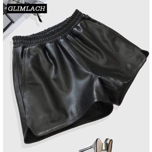 2021 Fashion Women Real Leather 100% Sheepskin Shorts Spring Elastic Waist A-Line Genuine Leather Wide Leg Shorts Female Black