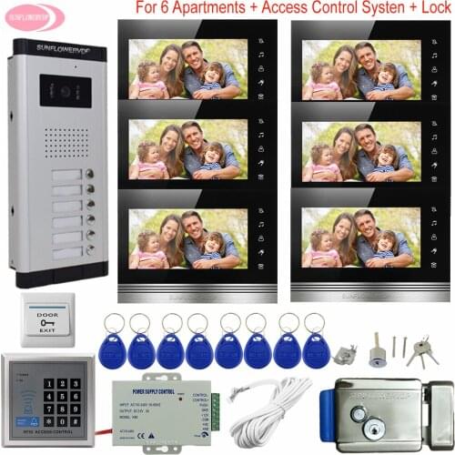 Video Door Entry System for Home Access Control Video Intercom 6 Apartments 7inch Color Video Door With Electronic Door Lock Kit