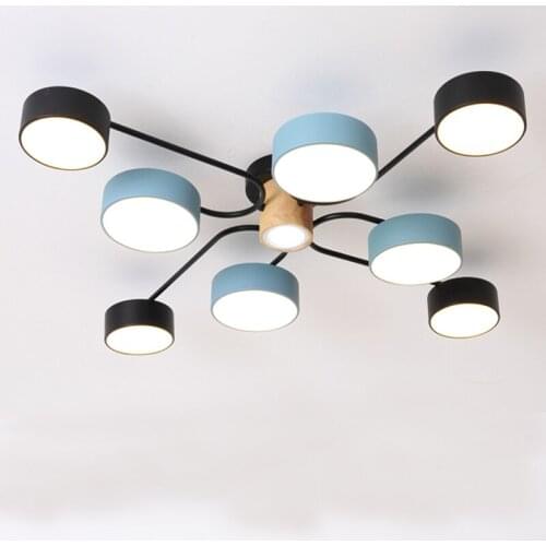 LED Ceiling Lamp Modern Nordic Minimalist 220V Lamp Black and Blue Wrought Iron Paint Lampshade Wooden Round Bedroom Living Room