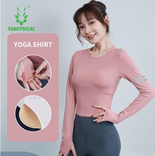 VANSYDICAL Running Shirt With Bra Women Striped Printing Crop Top Sportswear For Gym Clothing Yoga Fitness Workout Shirt Female