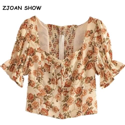 2021 Vintage Khaki Floral Print Shirt Retro Elastic Ruched Back Square Collar Short Sleeve Short Blouse tank top Tops