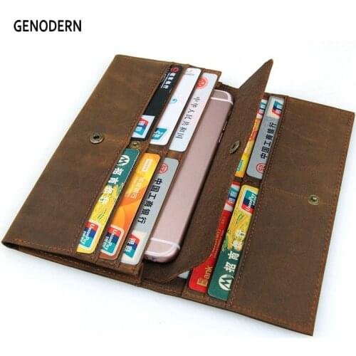 GENODERN Vintage New Men Genuine Leather Long Wallet Phone BagMulti Card Holder Cowhide Boarding Passport Cover Male Clutch