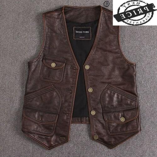 Vintage Mens Vest Casual Genuine Leather Jacket Men Spring Autumn Sleeveless Coat Slim Vests Cow Leather Jackets 1232a