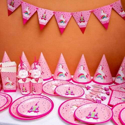 Castle Rainbow Unicorn Theme Party Decoration Tableware Paper Cup Plate Napkins Pennant Straw Baby Shower Kids Birthday Supplies