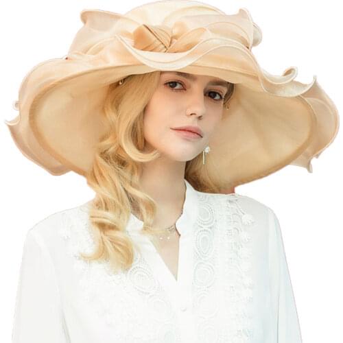 FS Summer Hat For Women Fashion Organza Kentucky Derby Black Hats Lady Tea Party Wedding Big Wide Brim Fascinator Vintage Fedora