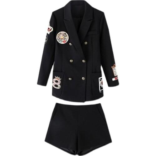 Women Autumn OL Office Two Piece Set Embroidery badge Blazer Jacket Coat+Zipper Shorts Suits Female Tops Casual Loose Outfits