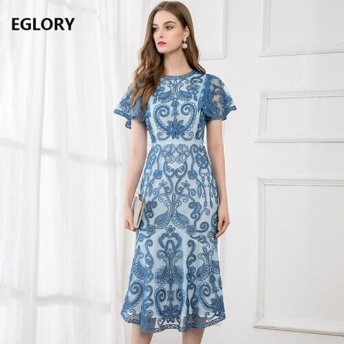 XXXXL Dress Vestidos Feminino 2020 Summer Party Cocktail Women Allover Appliques Embroidery Short Sleeve Midi Mermaid Dress Blue
