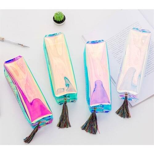 1pc Fashion Harajuku Tassel Zipper PU Leather Laser Pencil Case Hologram Metallic Color Woman Cosmetics Makeup Bag Purse Handbag