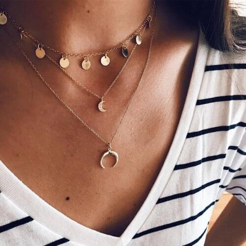 Necklace for women Retro simple moon round piece Pendant Chain on the neck aesthetic one piece layered Jewelry Accessories Gift