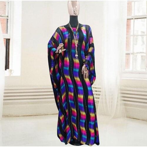 Maxi Dress For Women Turkey Arabic Colorful Striped O Neck Batwing Sleeve Muslim Islamic Ethnic Abaya Party Dresses 2021 New