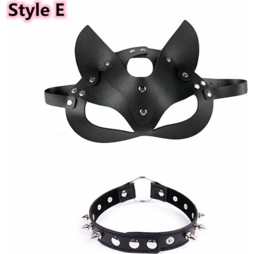 Erotic Leather Cat Eye Ears Mask Accessories with Rivet Collar for Men Women Fetish Bdsm Bondage Flirt Sex Toys