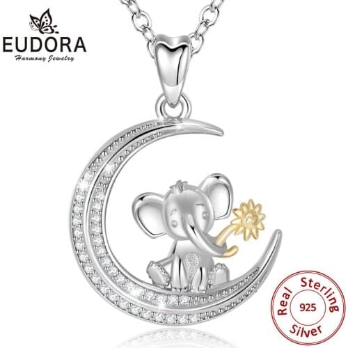 EUDORA new 925 Sterling Silver Elephant moon Flower Pendant with CZ Necklace for women girl teen Birthday gift Fine Jewelry D514