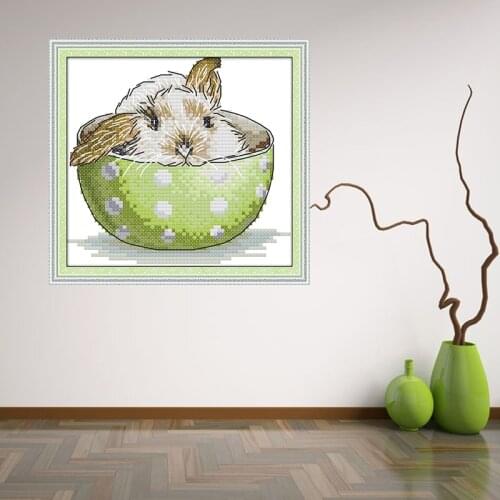 Joy Sunday A Rabbit in a Teacup DA192 DMC 14CT and 11CT Cross Stitch kits DIY Printed Embroidery set Needlework Home Decor