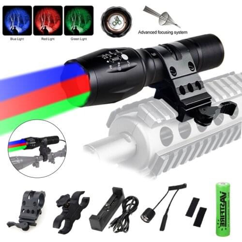 Zoomable Flashlight 3 in 1 Red Green White 1000 Lumen Tactical Hunting Torch+2*Rifle Scope Mount+Remote Switch+18650+USB Charger