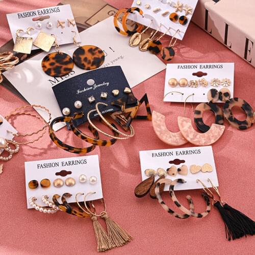 Fashion Leopard Acrylic Pearl Hoop Earrings Set For Women Geometirc Gold Metal Circle Earrings Brincos 2021 Trend Party Jewelry