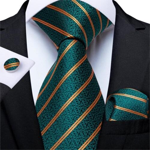 Men Tie Teal Green Gold Striped Quality Wedding Tie For Men Hanky Cufflink Silk Tie Set DiBanGu Novelty Design Business MJ-7315