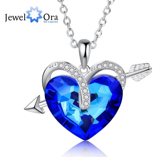 JewelOra New Silver Color Cubic Zirconia Arrow Necklace Pendant Fashion Heart Blue Crystal Necklace Jewelry Gift for Lover